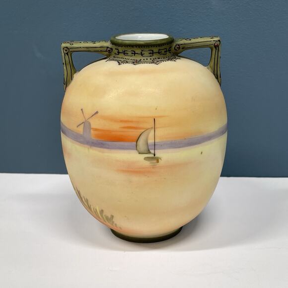 Old Noritake Handpainted Vase & Dish Sailing Ship Windmill Japan - Picture 4 of 16